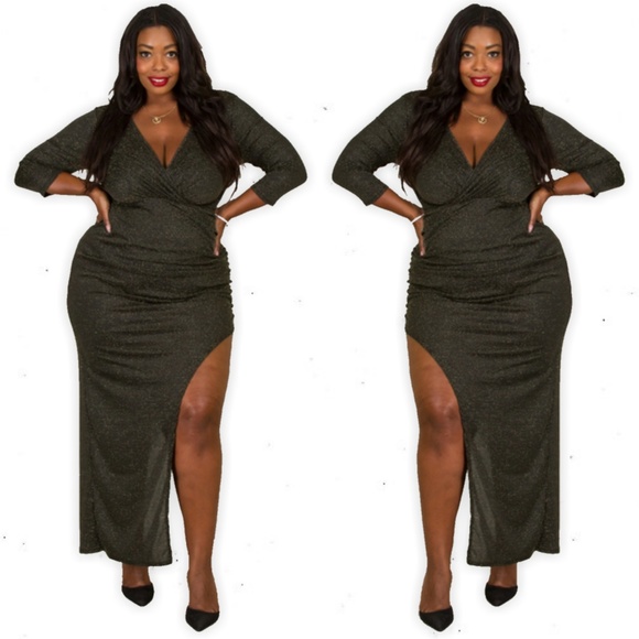 3x PLUS GOLDLONG SLEEVE SYMMETRICAL DRESS WRUCHING - Picture 2 of 8